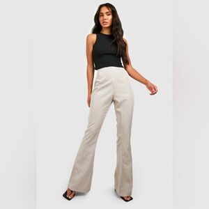 NWT Boohoo Beige Pinstripe High Waisted Flare Pants